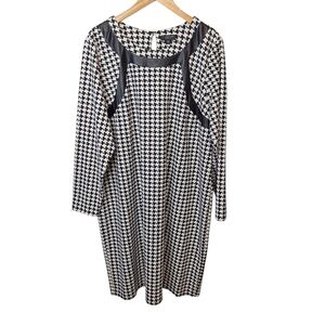 Spense Woman Size 20W Houndstooth Shift Dress Black White Faux Leather Trim